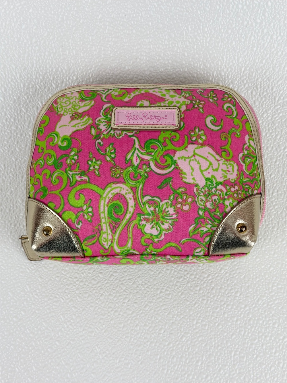 Lilly Pulitzer Pink Green Print Cosmetic Makeup Bag Zip Pouch Gold Tone Metallic